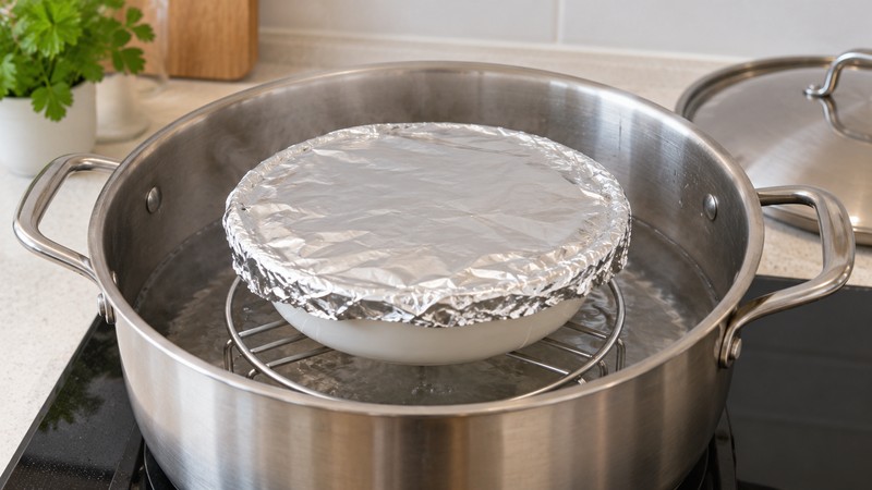 Foil-covered egg-custard dish on a rack above gently steaming water