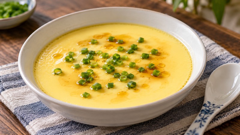 Smooth steamed egg custard with chopped scallion in a shallow bowl