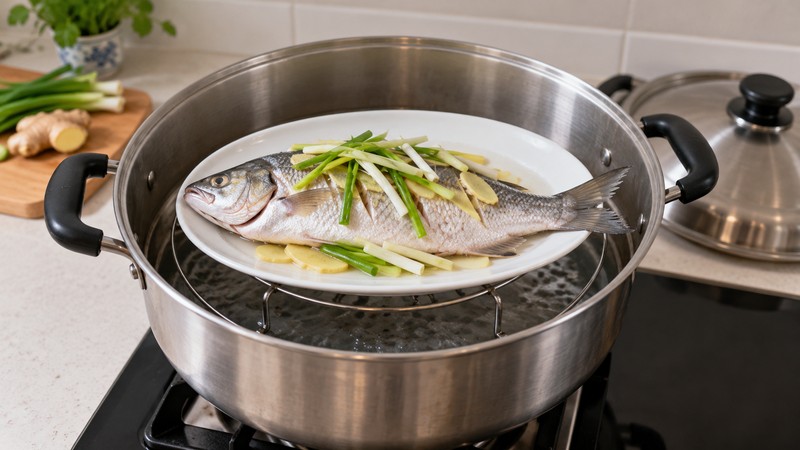 Whole cleaned fish with ginger and scallion on a plate above a steamer rack