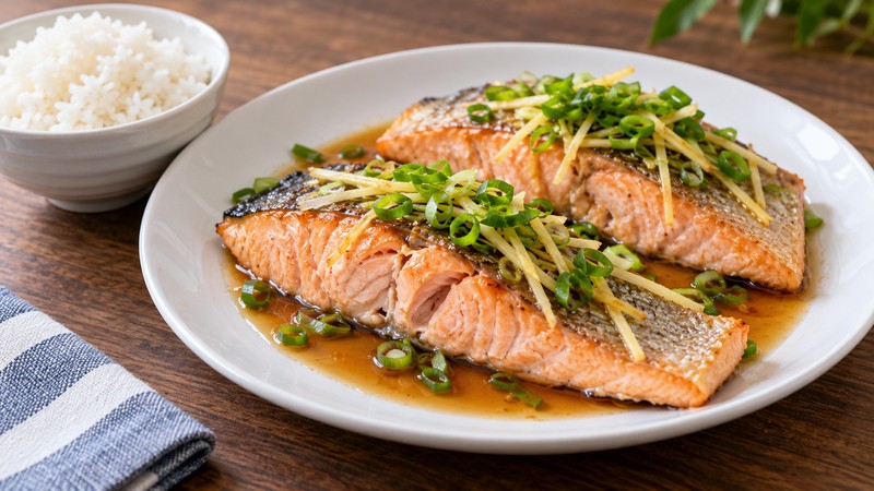 Finished ginger-scallion salmon portions on a plate beside rice