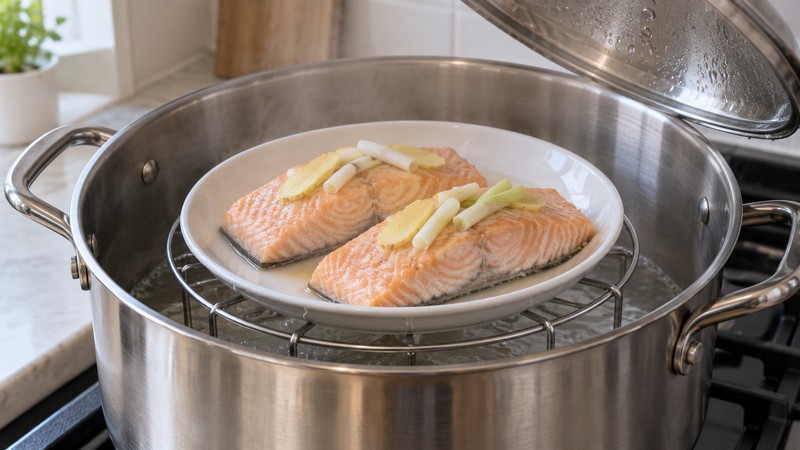 Salmon portions skin-side down on a solid plate above steaming water