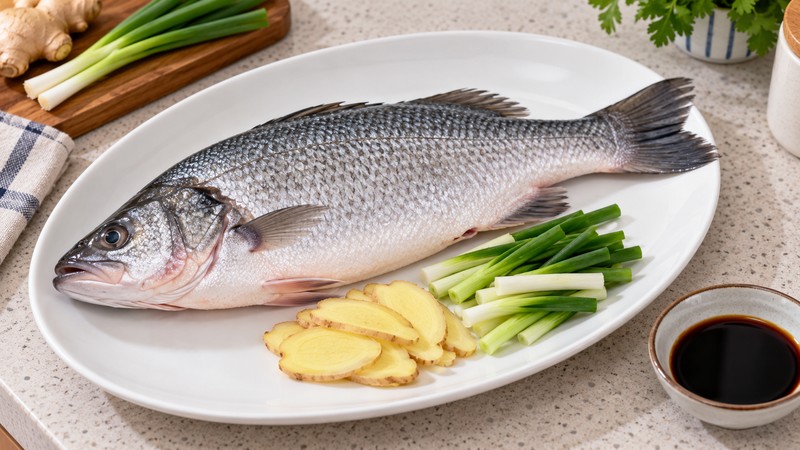 Cleaned whole fish on a heatproof plate with sliced ginger and scallion