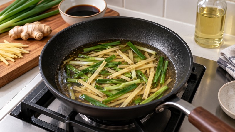 Ginger and scallion gently warming in a skillet with soy finishing sauce