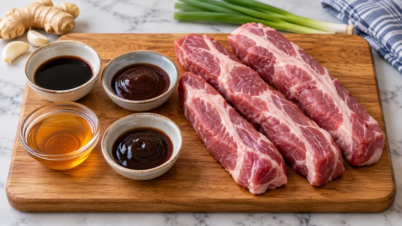 Pork shoulder strips beside measured char siu marinade ingredients