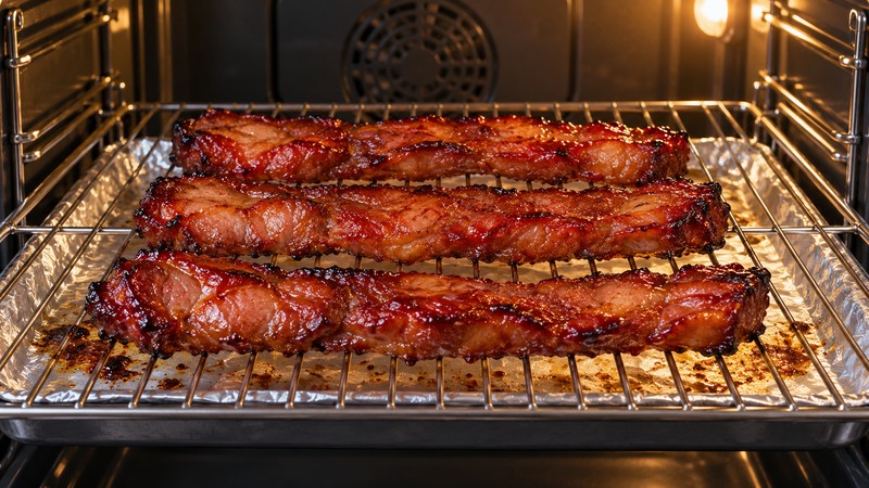 Char siu strips roasting on a rack above a lined tray