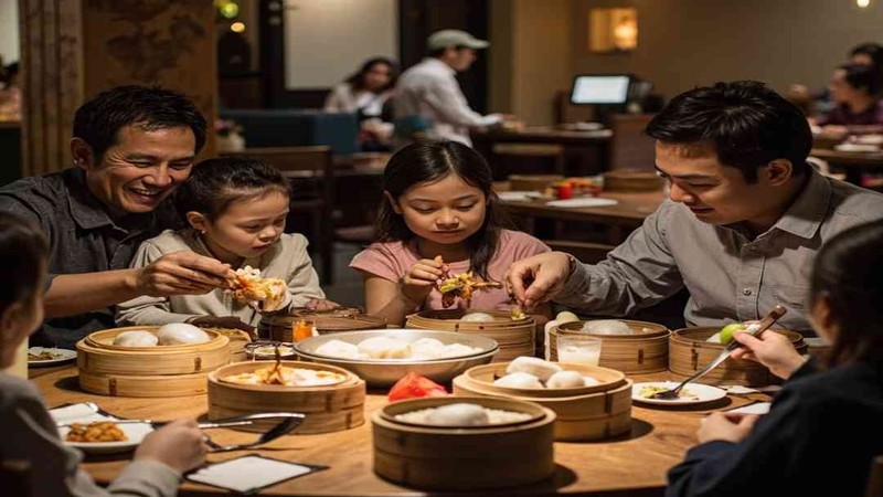 A family sharing food around a dining table
