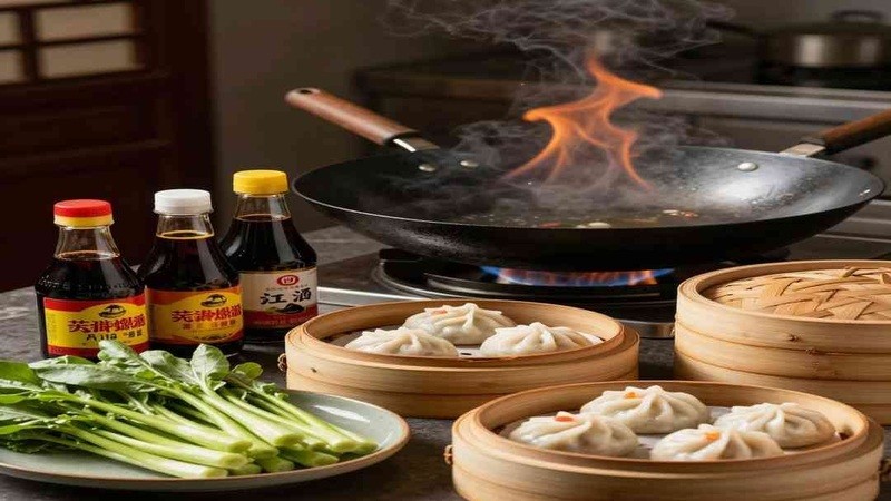 Wok on a burner beside bamboo steamers and green vegetables