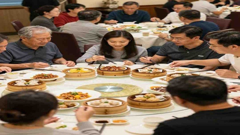 Diners sharing dim sum around a restaurant table