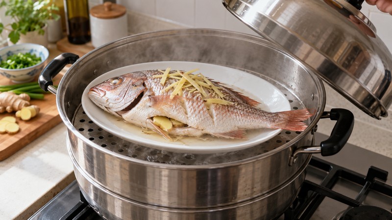 Whole fish with ginger on a plate in a steamer