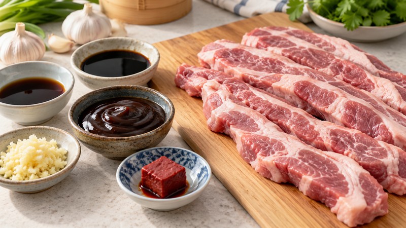 Pork shoulder strips beside sauces, fermented bean curd and garlic