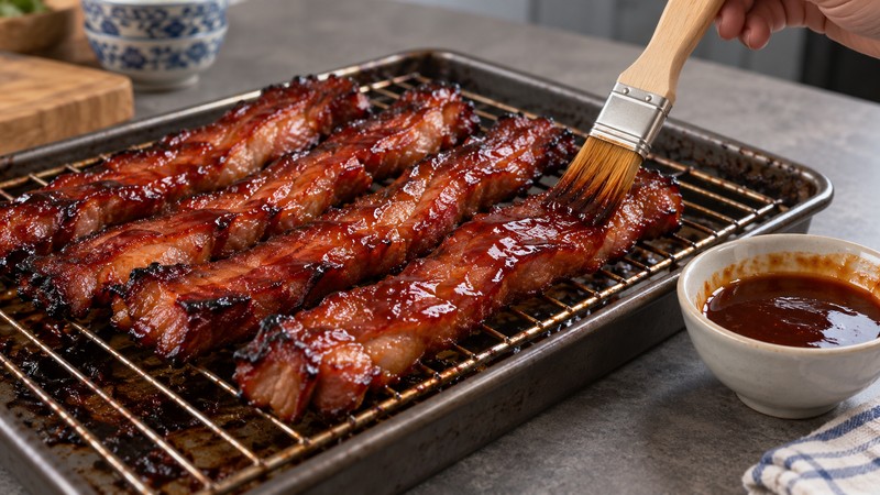 Pork roasting on a rack beside a clean glaze bowl