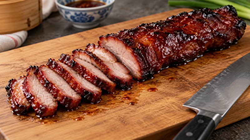 Sliced rested char siu on a cutting board