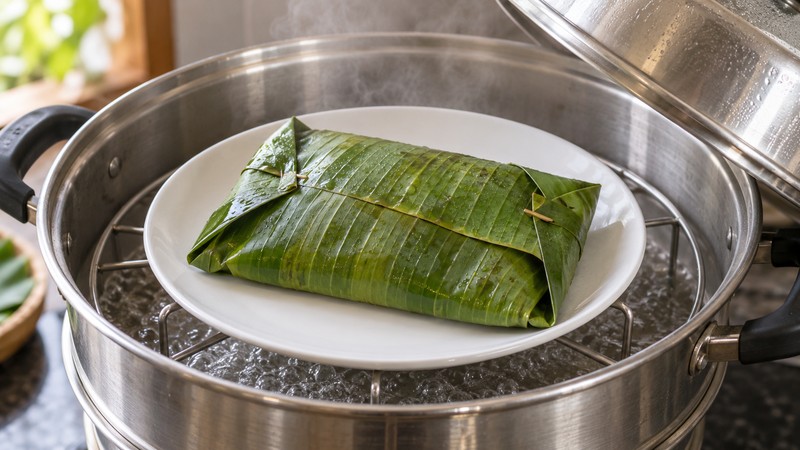 Folded banana-leaf fish parcel on a dish in a steamer