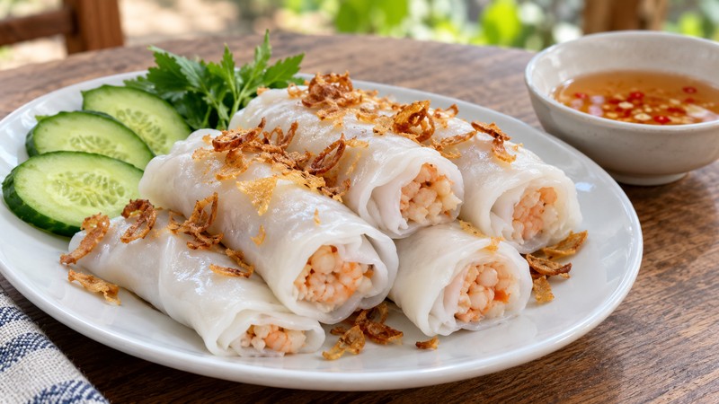 Vietnamese-style rice rolls with shrimp, fried shallots and separate dipping sauce