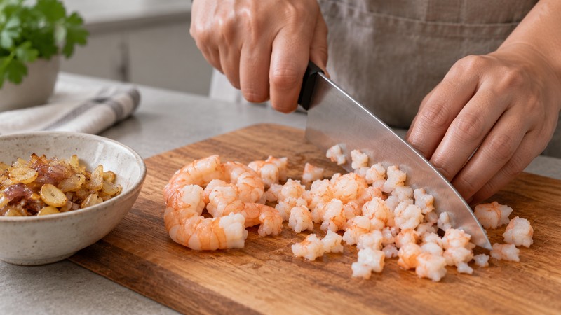 Opaque cooked shrimp being chopped before rice-roll assembly