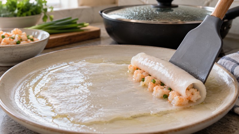 Thin cooked rice sheet being rolled around cooked shrimp