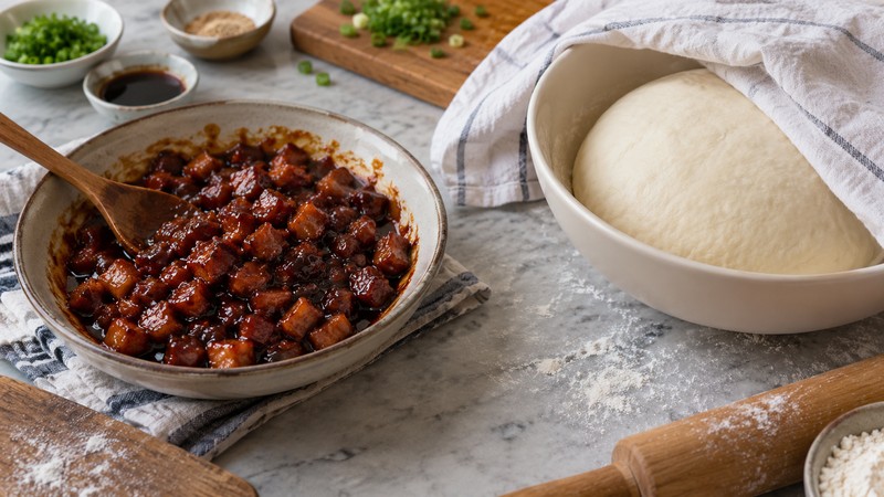 Saucy cooked char siu filling beside covered bun dough