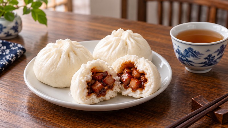 Steamed char siu buns beside tea, with one bun split open