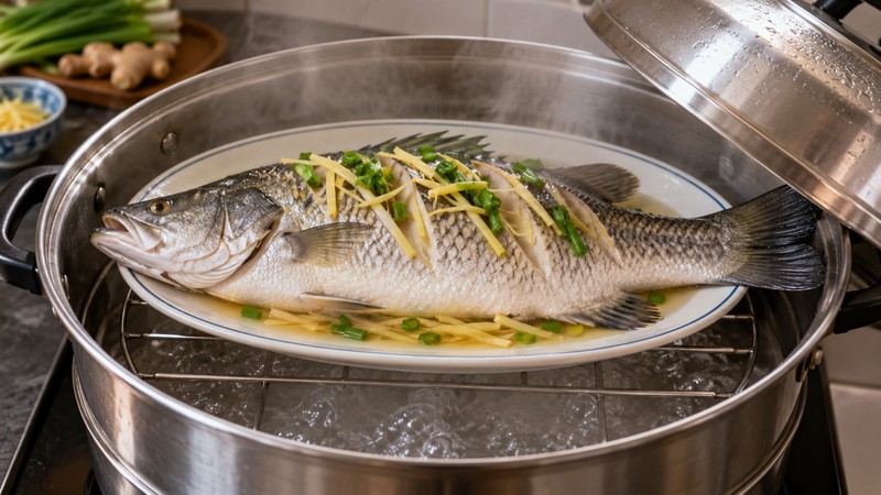 Whole barramundi on a heatproof dish in a steamer