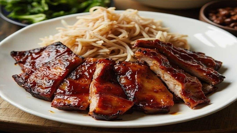 Glazed pork belly portions beside bean sprouts