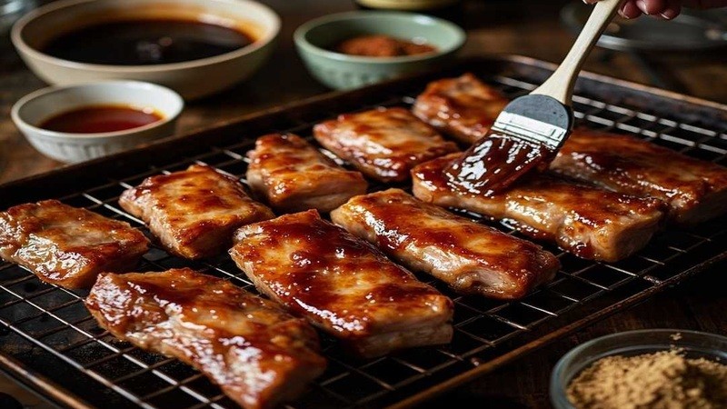 A brush glazing pork belly portions on a rack