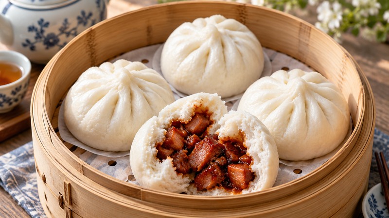 White steamed BBQ pork buns with one opened to show char siu