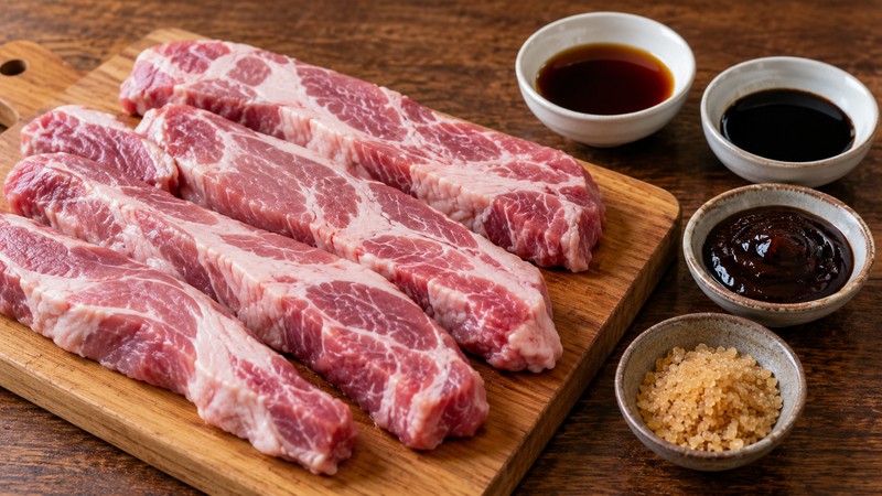 Pork shoulder beside sauce ingredients for Cantonese BBQ pork