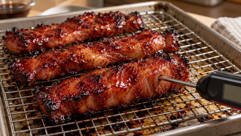Thermometer checking the center of a pork strip on a roasting rack