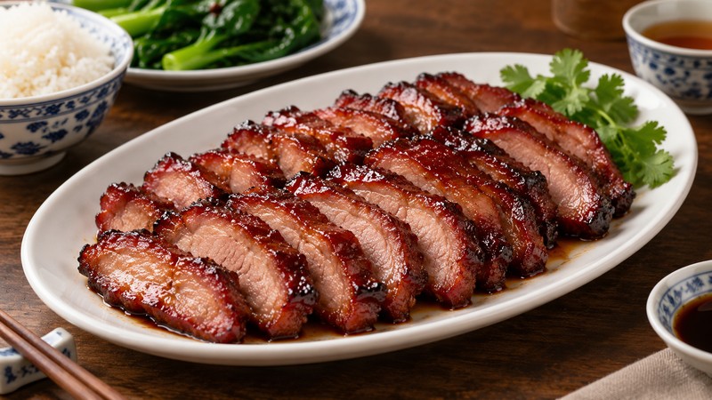 Glazed char siu slices on an oval platter