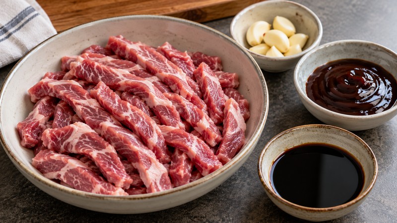Pork shoulder strips beside garlic, hoisin and soy