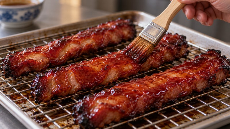 A pastry brush applying glaze to pork roasting on a rack