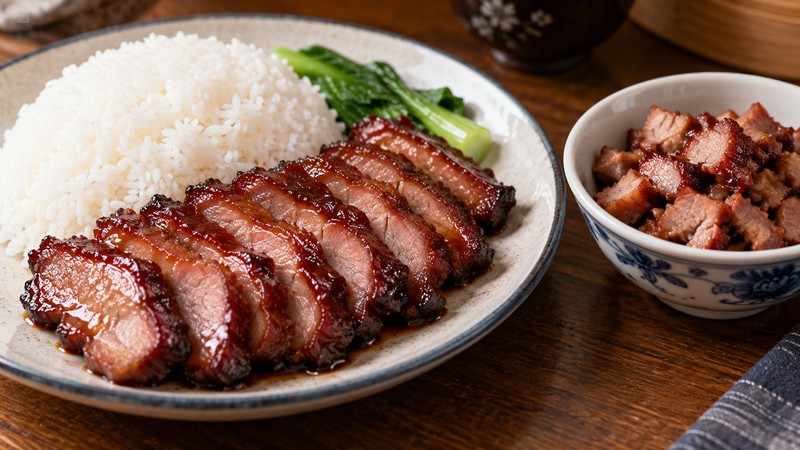 Sliced char siu served with rice beside chopped cooked pork