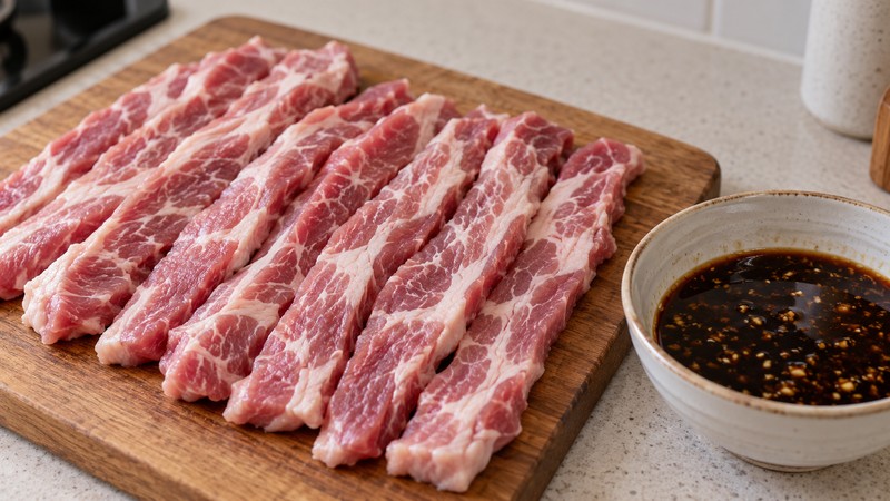 Marbled pork shoulder strips beside a bowl of marinade
