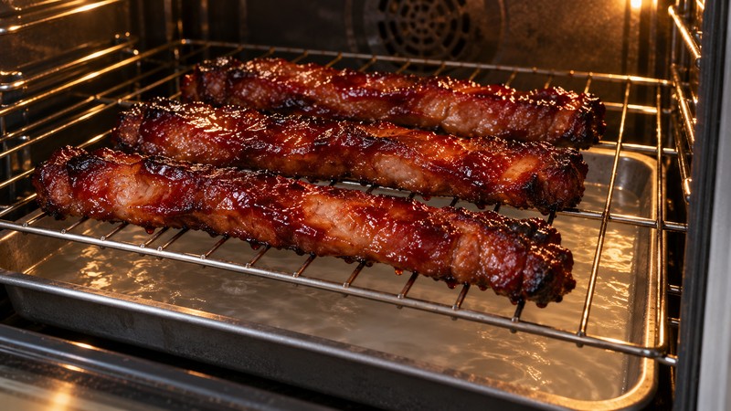 Pork strips roasting on a rack above a tray