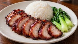 Sliced char siu with rice and greens