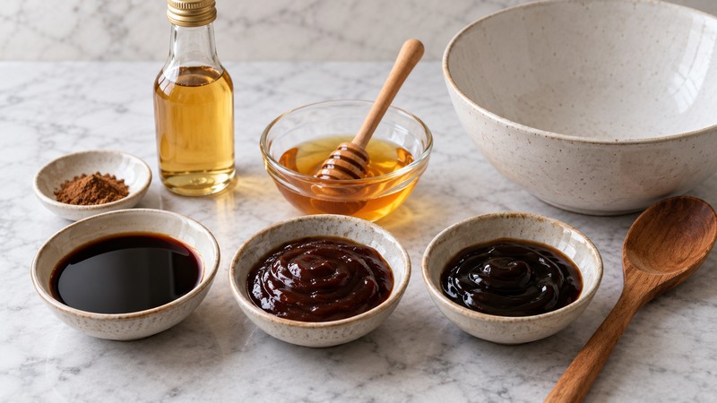 Marinade ingredients in bowls beside honey and a mixing spoon