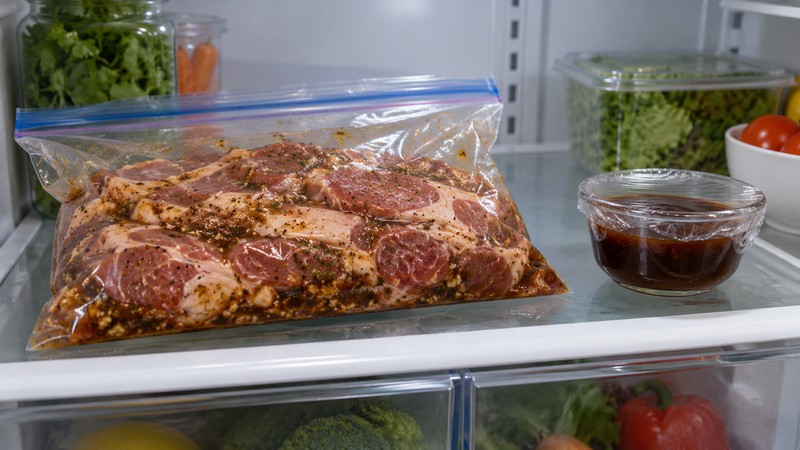 Marinated pork strips in a sealed bag beside separately reserved glaze