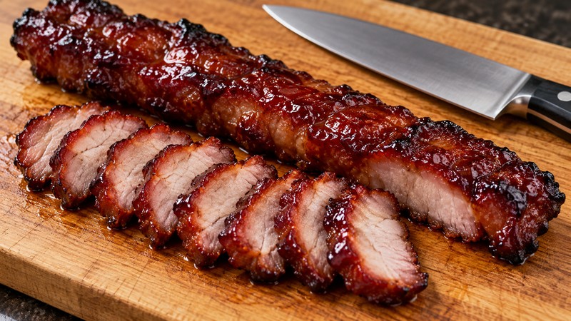Sliced glazed pork beside a rested roast on a cutting board