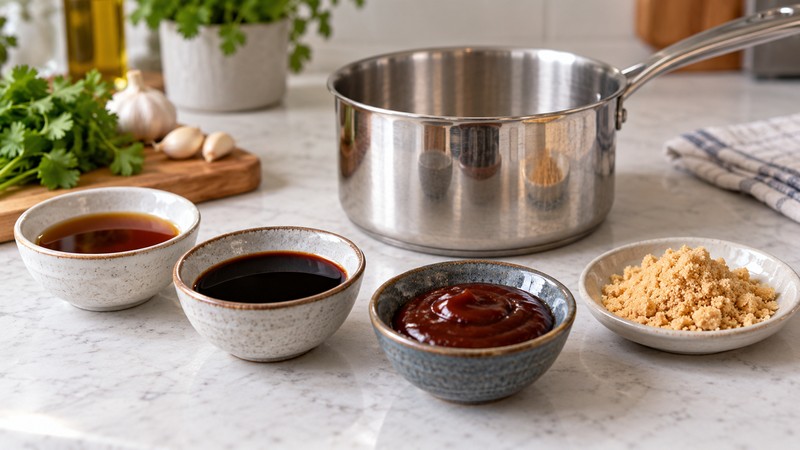 Small bowls of soy sauces, hoisin and sugar for BBQ pork sauce