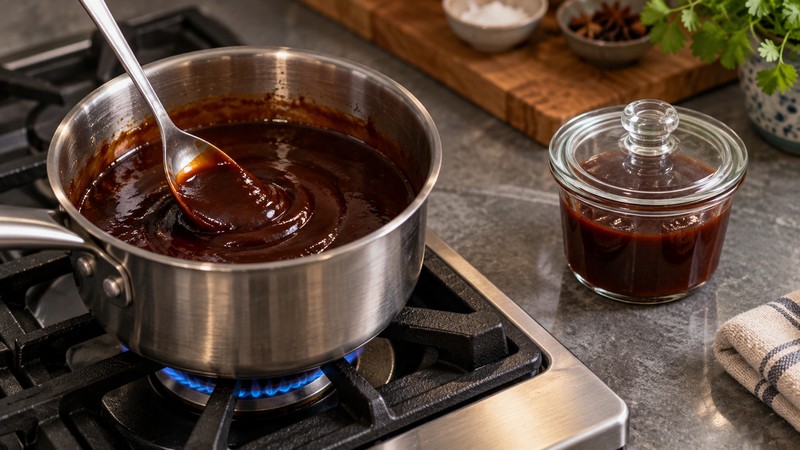 Sauce being stirred in a saucepan beside a separate clean glaze portion