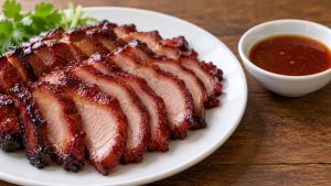 Sliced char siu beside a small bowl of BBQ sauce