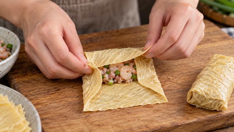 Hands folding a tofu-skin wrapper around a small filling portion