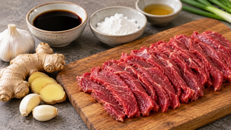 Thin cross-grain beef slices beside ginger and marinade ingredients