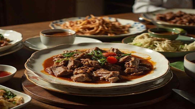 Cooked beef slices in sauce on a plate at a shared meal