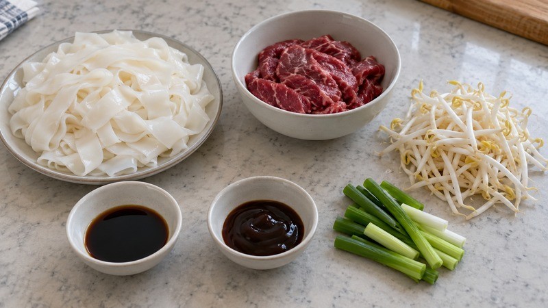 Wide rice noodles, thin beef slices, bean sprouts, scallions and small bowls of soy and oyster sauce laid out separately