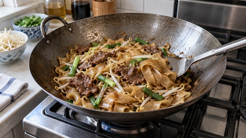 Wide rice noodles and beef being stir-fried in a wok
