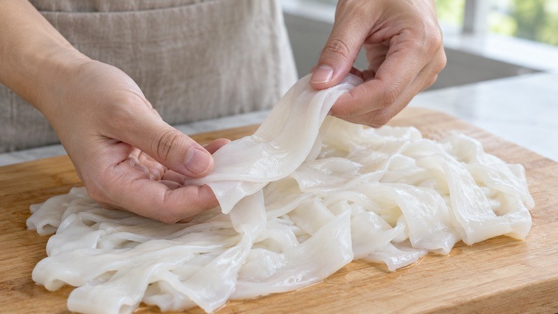 Hands gently separating wide rice noodle ribbons on a board