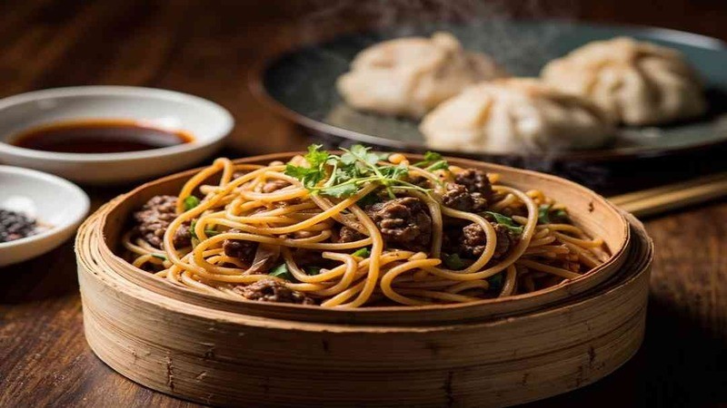 Beef and yellow noodles in a bamboo serving vessel