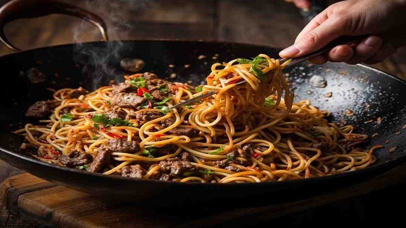 Beef and yellow noodles being lifted in a wok