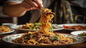 Chopsticks lifting yellow noodles and beef from a platter